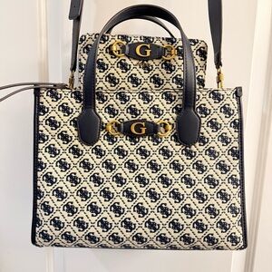 Guess / Izzy 2 Compartment Tote & Matching Wallet / navy logo jacquard